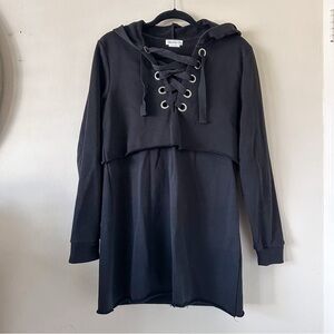 Lovers + Friends Black Lace-Up Hoodie Dress with Frayed Hem